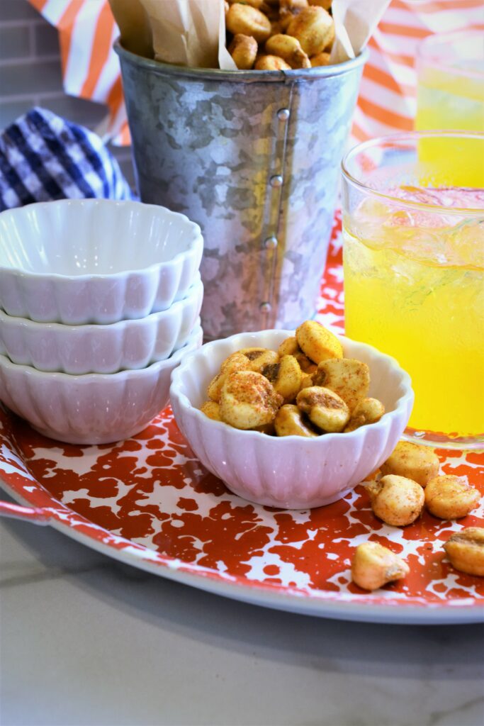 homemade corn nuts in mini white snack bowls 