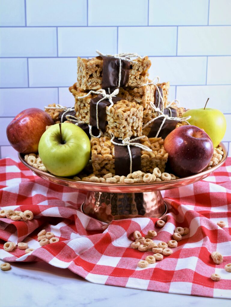 cake stand with stacked fruit snack bars