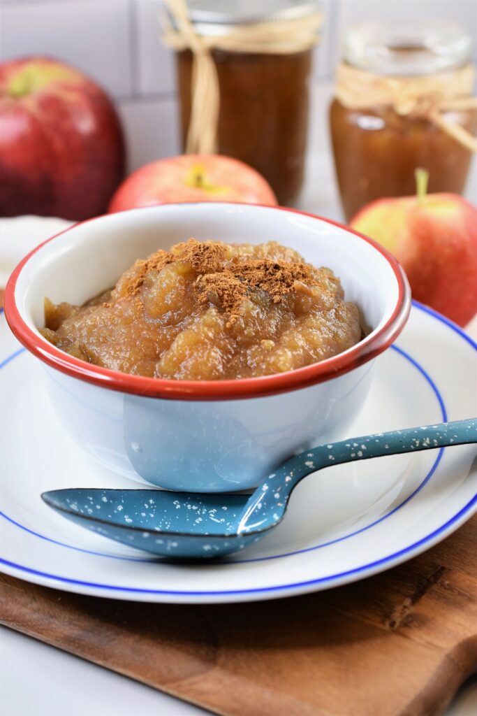 brown sugar spiced applesauce in white and red enameled bowl on blue and white sauce with apples in the background