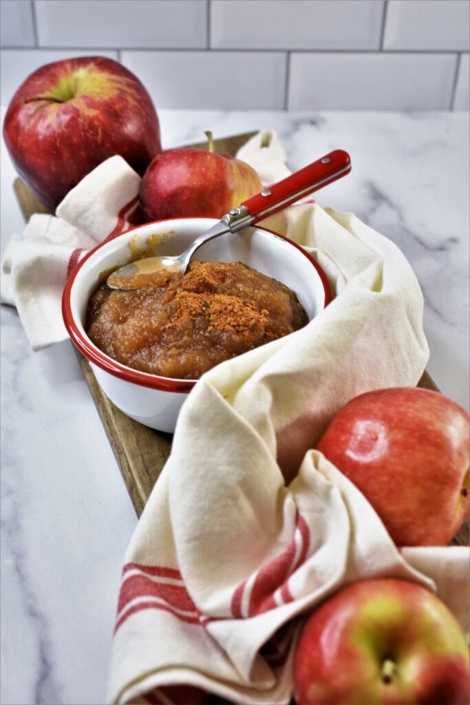 pumpkin pie spiced applesauce in white and red bowl on cutting board with white and red towel and fresh apples