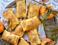 overhead view of persimmon ham and swiss puff pastry bites