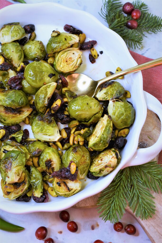 roasted brussels sprouts with pistachios and dried cranberries